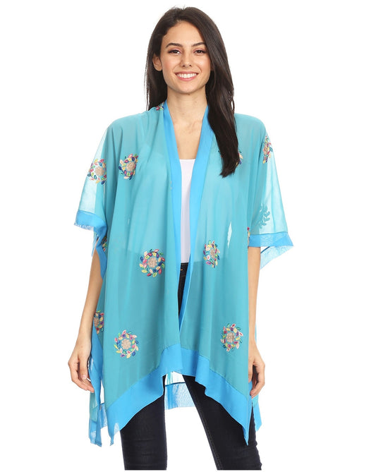 268 FLORAL EMBROIDERY KIMONO TURQUOISE