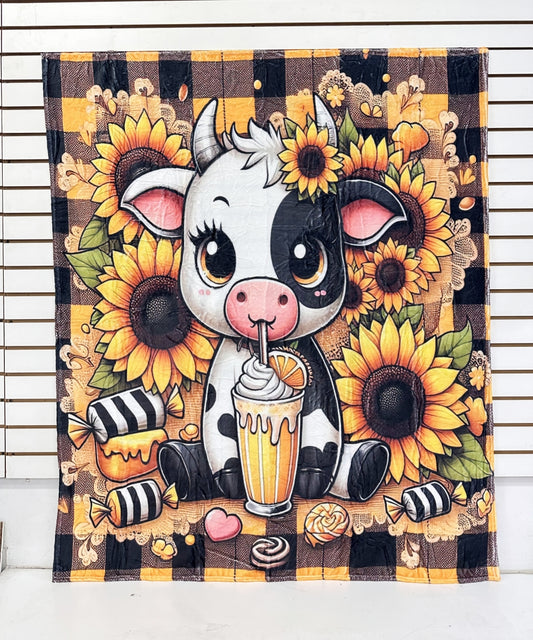 2611 COW SUNFLOWER PRINT WESTERN FLANNEL BLANKET