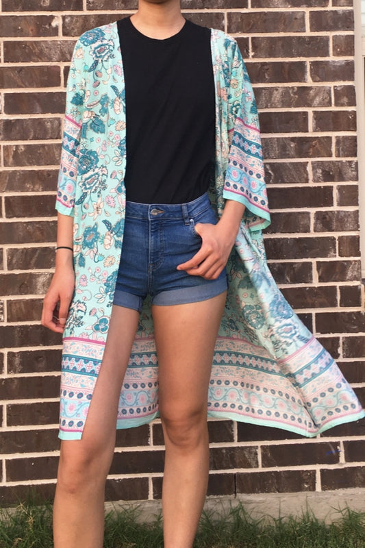 815 FLOWER PRINT DUSTER BLUE