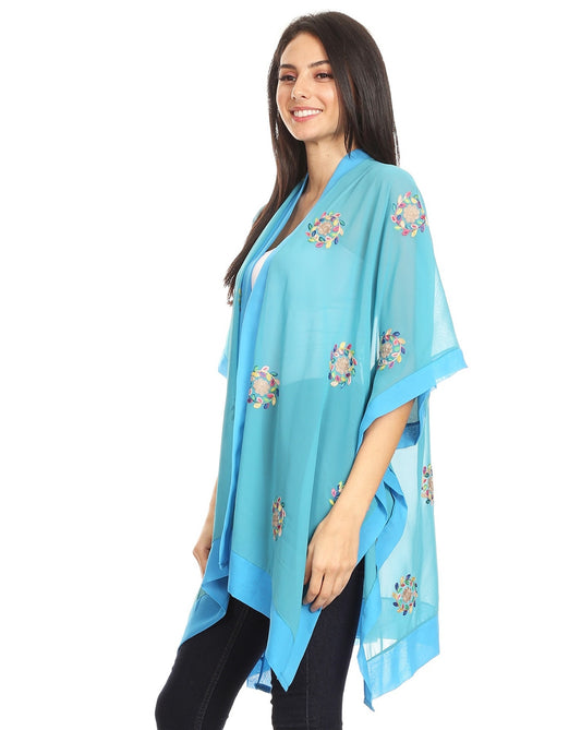 268 FLORAL EMBROIDERY KIMONO TURQUOISE