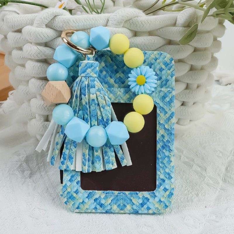 2652  SILICONE BEADED BRACELET CARD HOLDER KEYCHAIN BLUE