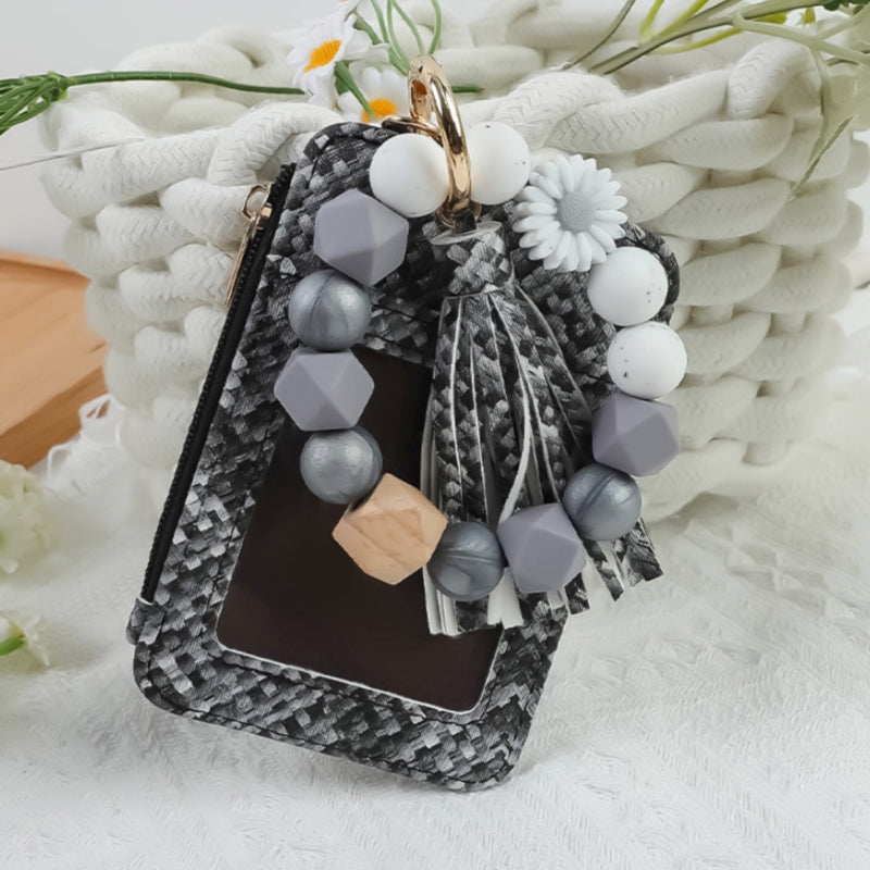 2652  SILICONE BEADED BRACELET CARD HOLDER KEYCHAIN GREY