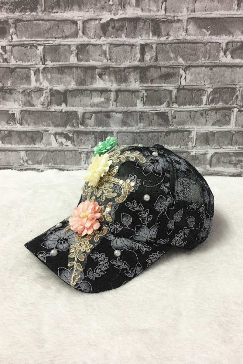3847 LACE  WITH FLOWER  HAT BLACK